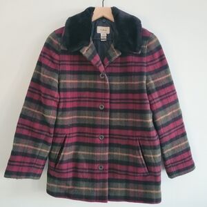 L.L. Bean Wool Blend Coat Womens Medium Plaid Removable Fur Collar Quilt Lined